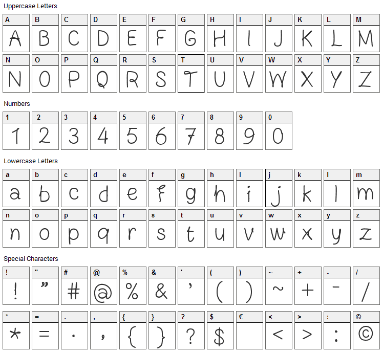 Blocknote Hand Font Character Map