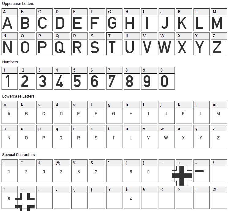 Blockschrift fur Flugzeuge Font Character Map