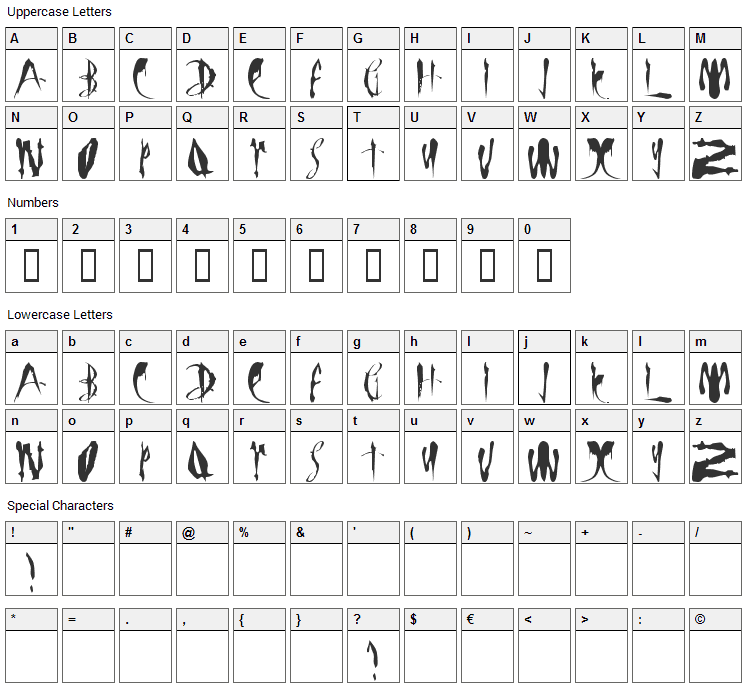 Bloody Brujah Font Character Map
