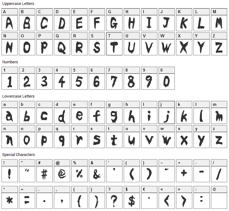 Bloodyslime Font Character Map