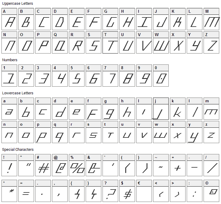 Blue July Font Character Map