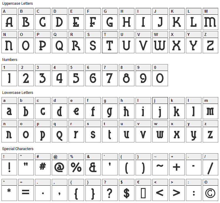 Blue Plate Special SW Font Character Map