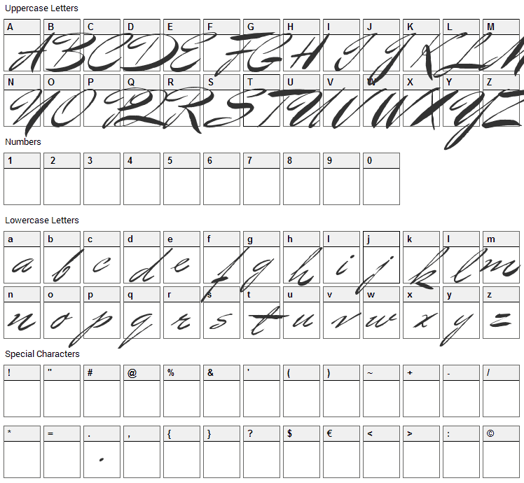 Bluelmin Benedict Font Character Map