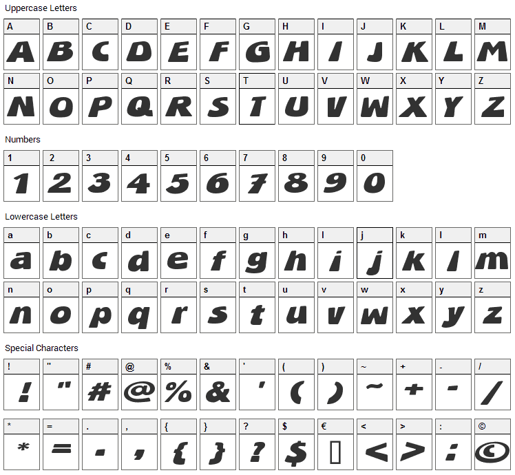 BlueStone Font Character Map