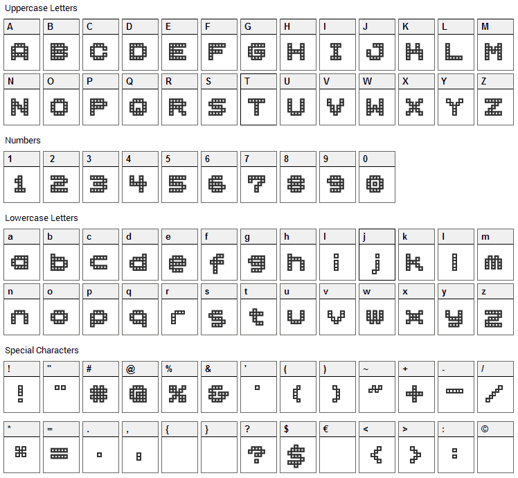 BM Block Font Character Map