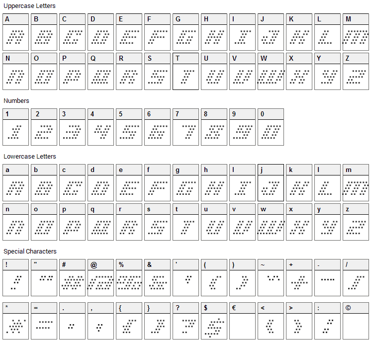 BM Pinhole Font Character Map