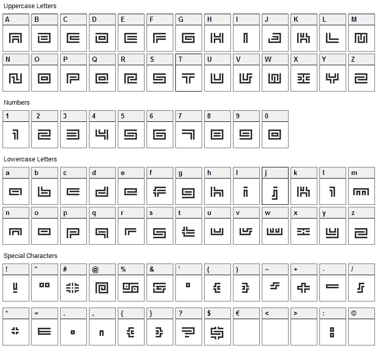 BM Tube Font Character Map