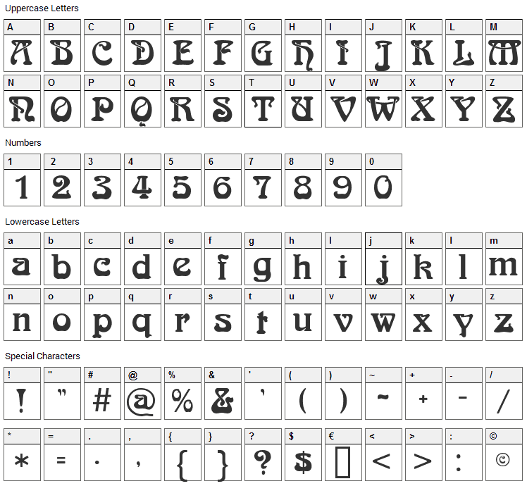 Bocklin Font Character Map