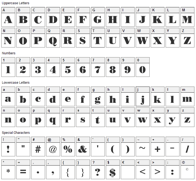 Bodidly Bold Font Character Map