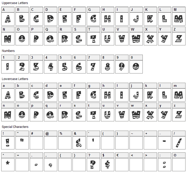 Bodie MF Flag Font Character Map