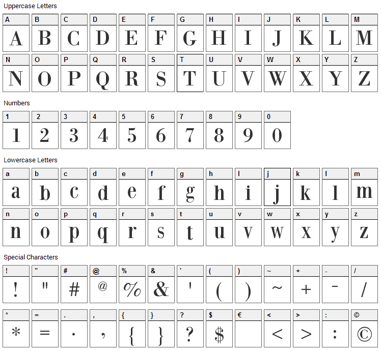 Bodoni XT Font Character Map