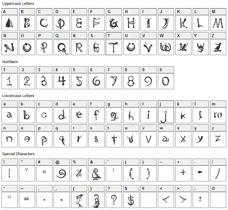 Body Piercing & Chains Font Character Map