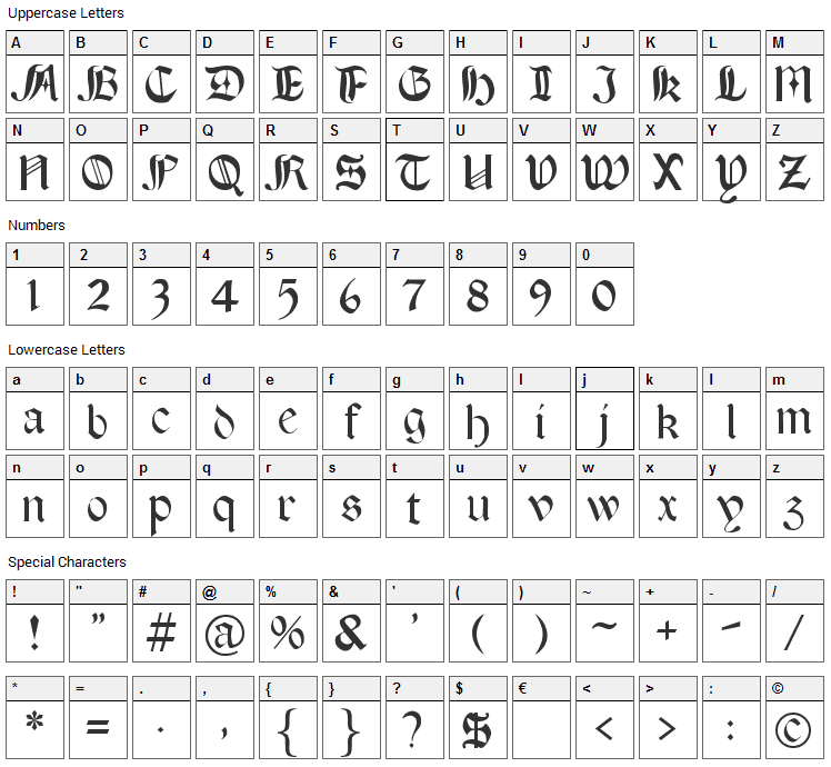 Boere Tudor Font Character Map