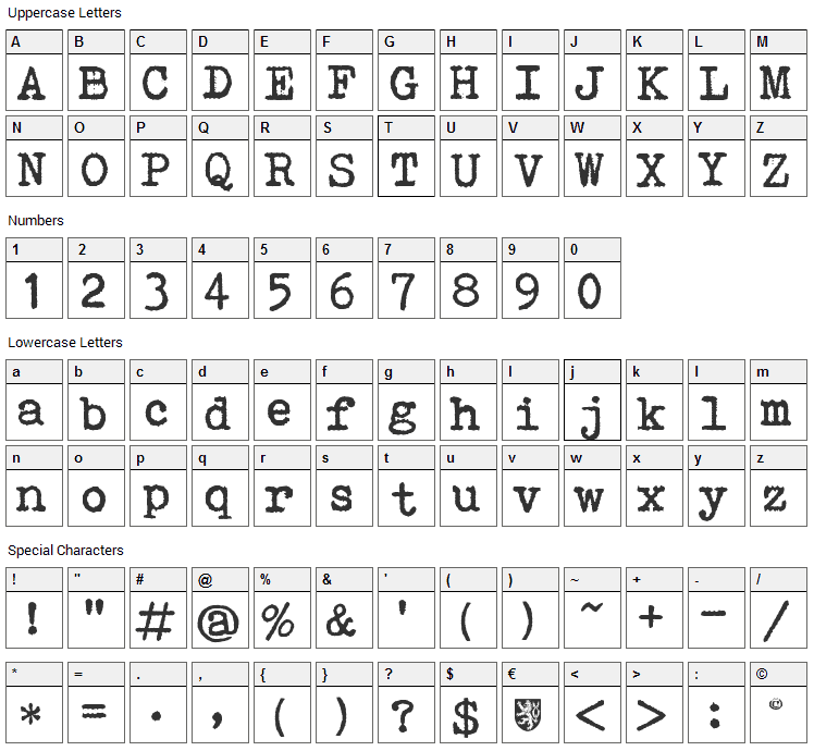 Bohemian Typewriter Font Character Map