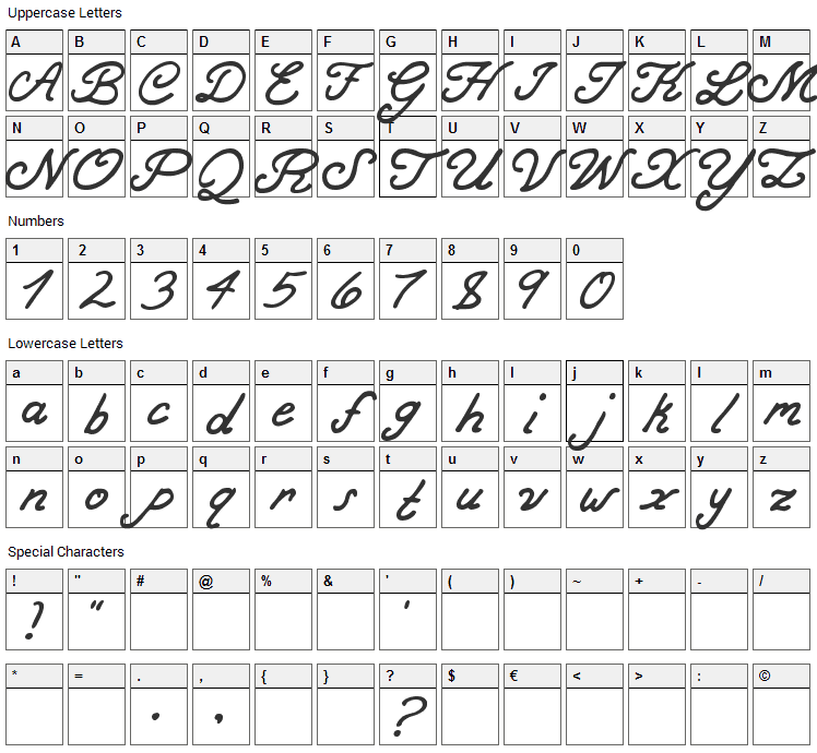 Bold Curse Font Character Map