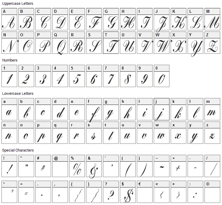 Bolina Font Character Map