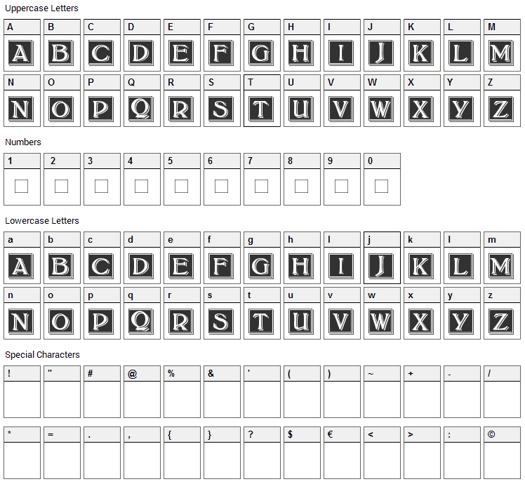 Bolton Drop Caps Font Character Map