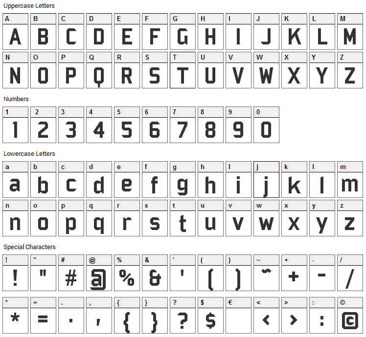 Bombardier Font Character Map