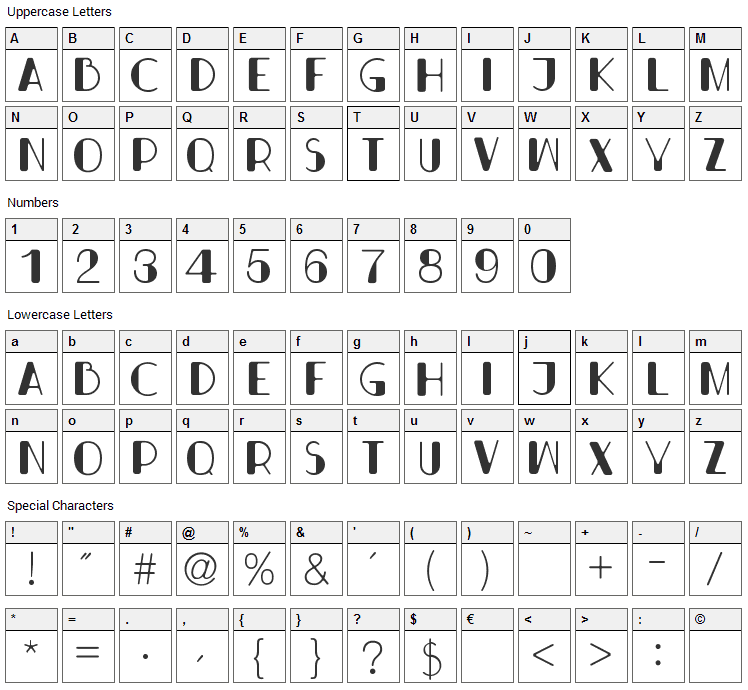 Bondi Font Character Map