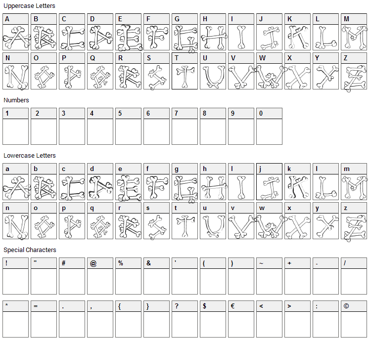 Bones 2 Font Character Map