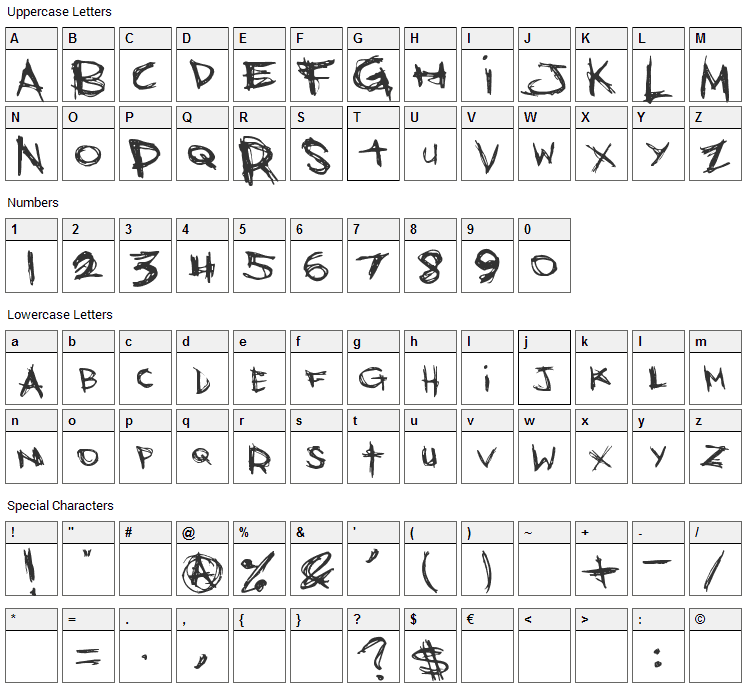Bones Bummer Font Character Map