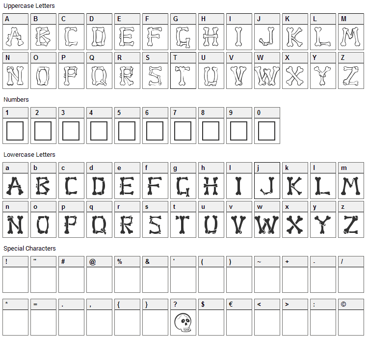 Bones Font Character Map