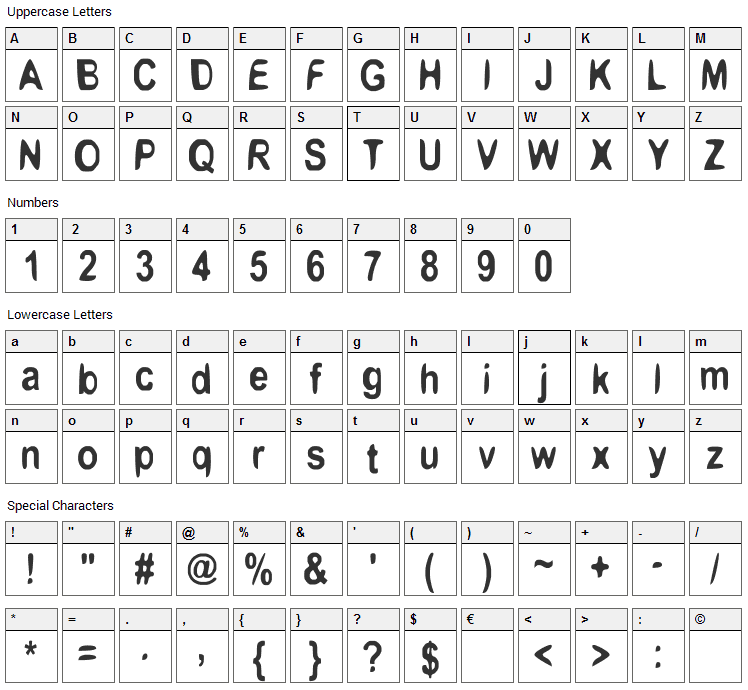 Boomerang Monkey Font Character Map