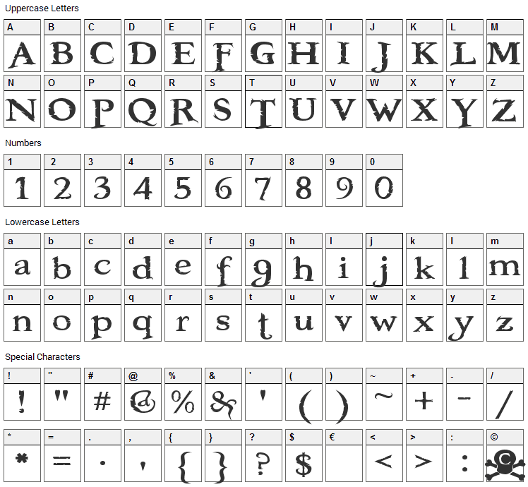 Booter Font Character Map