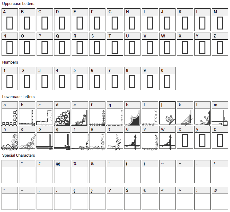 Border Corners 2 Font Character Map