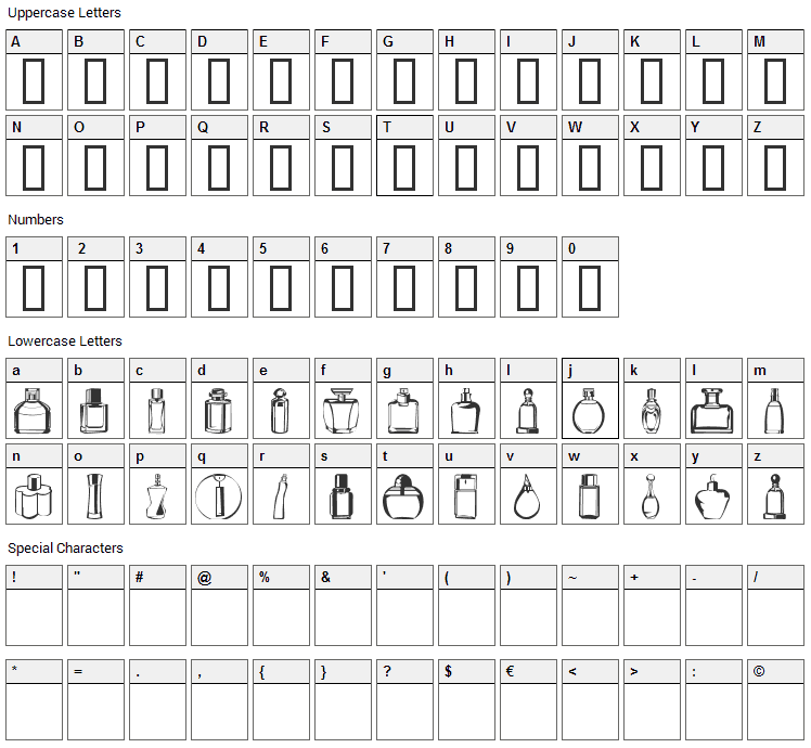 Botellas 2004 Font Character Map