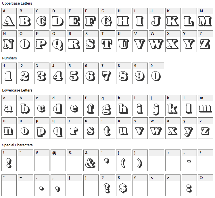 Bower Shadow Font Character Map