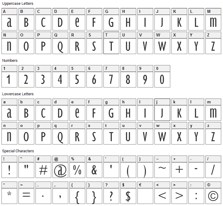 BradburySans Light Font Character Map