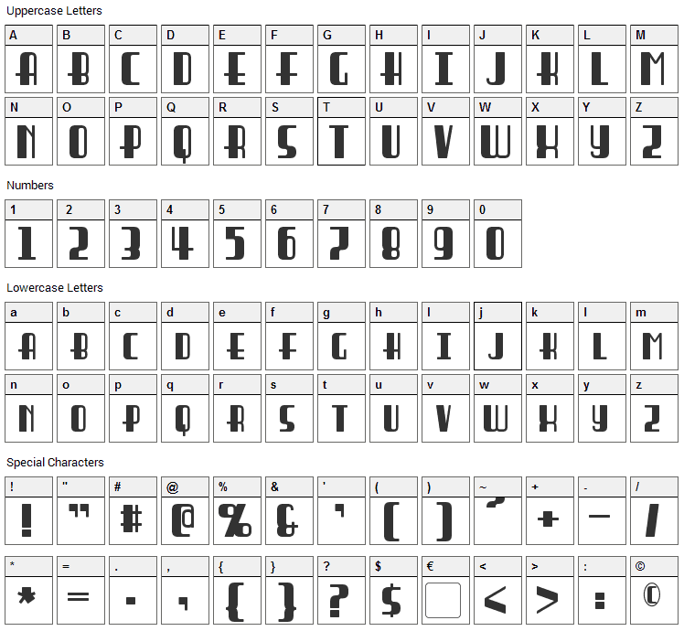 Braddington Font Character Map