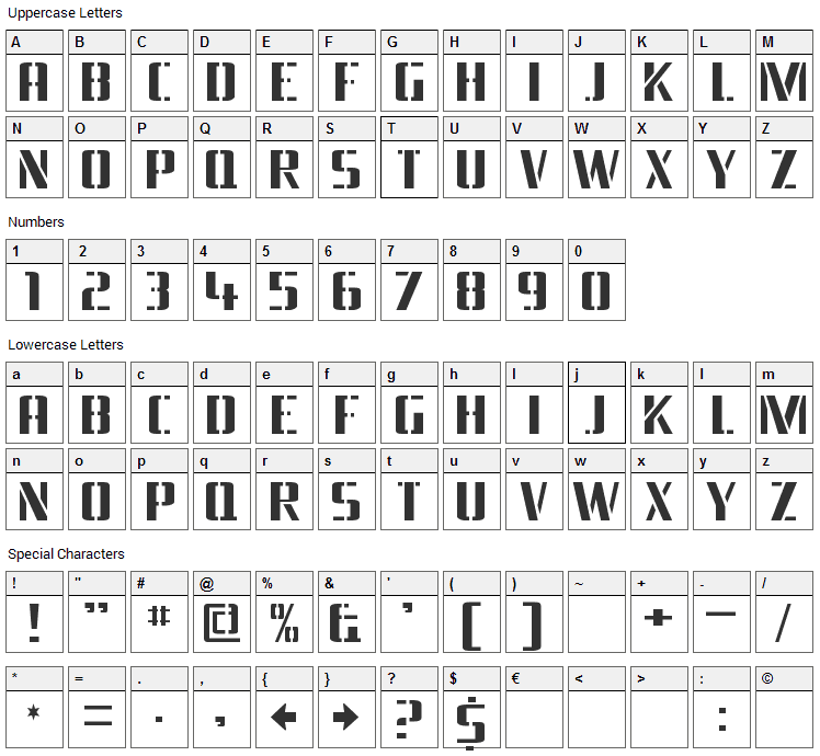 Braeside Font Character Map