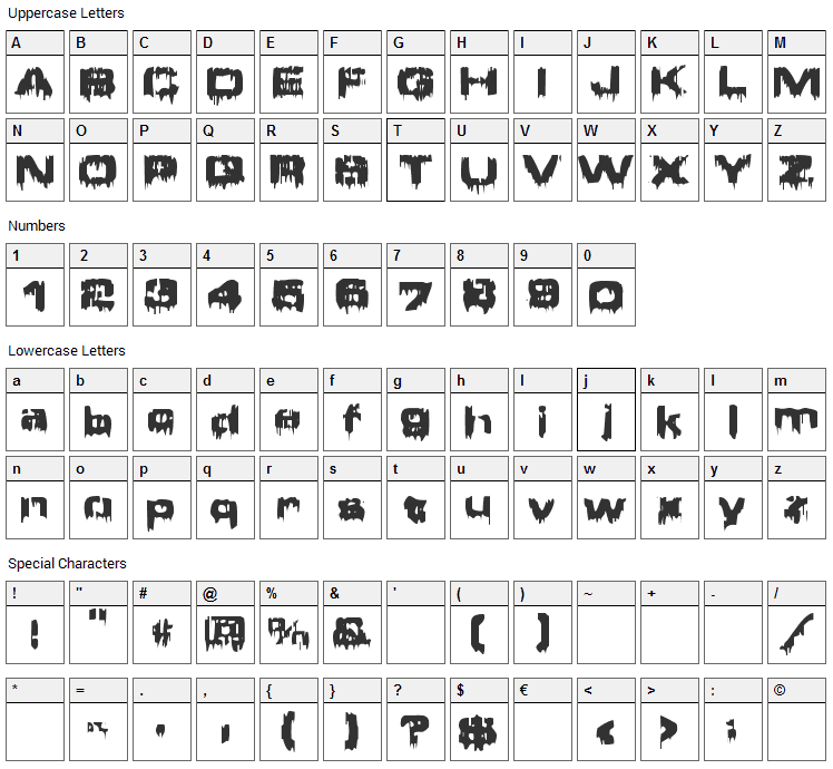 Brain Damage Font Character Map