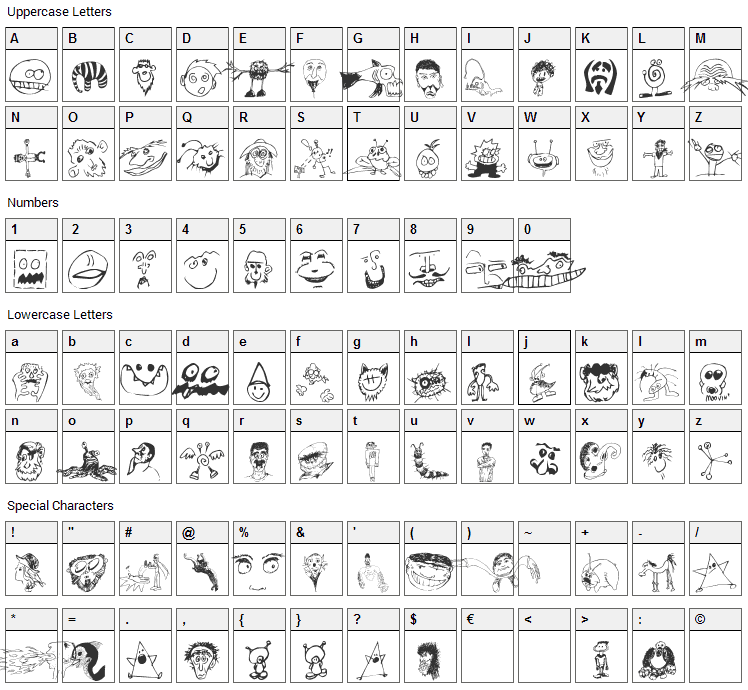 Brian powers Doodle Font Character Map