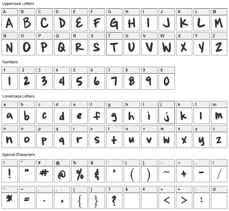 Briannes Hand Font Character Map