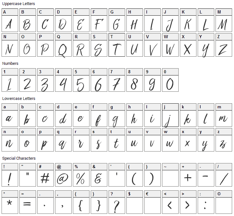 Bringshoot Font Character Map