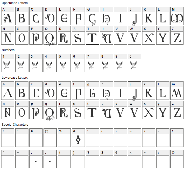British Block Flourish Font Character Map