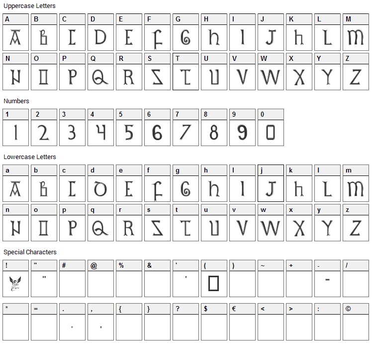 British Outline Majuscules Font Character Map