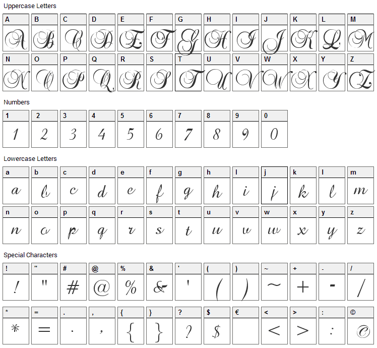 Brock Script Font Character Map