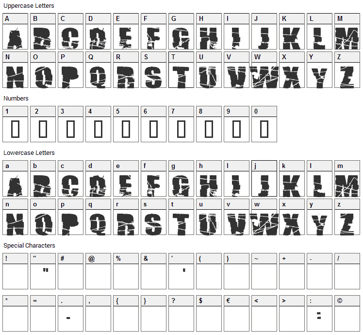 Broken 74 Font Character Map