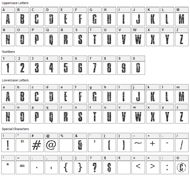 Broken Glass Font Character Map