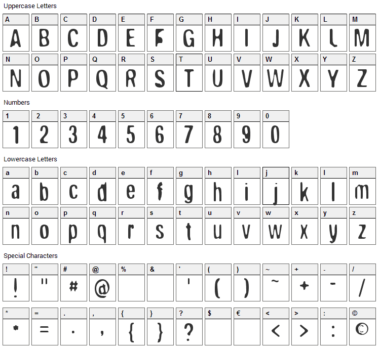 Broken Wing Font Character Map
