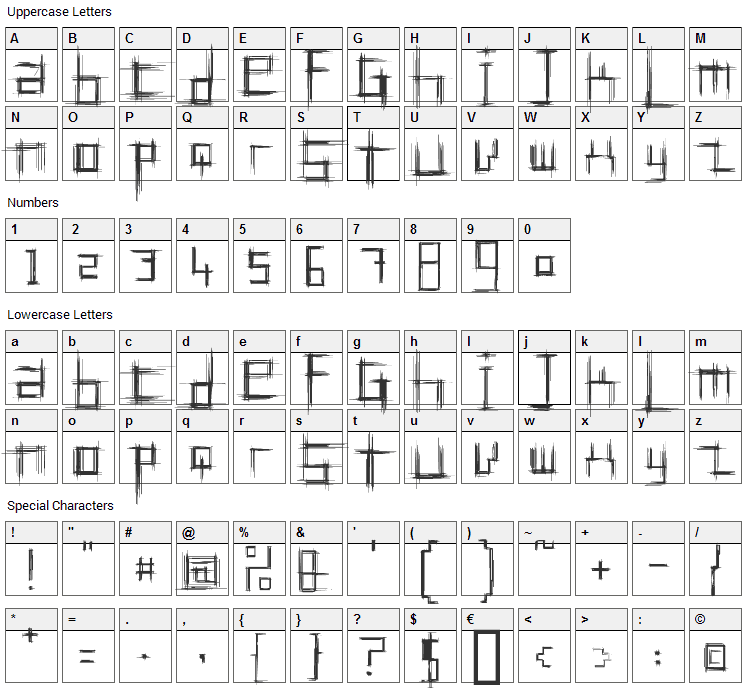 Bruised Font Character Map