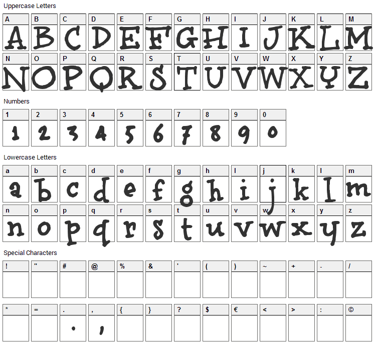Bruno Book Font Character Map