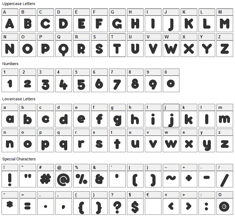 Bubbleboddy Font Character Map