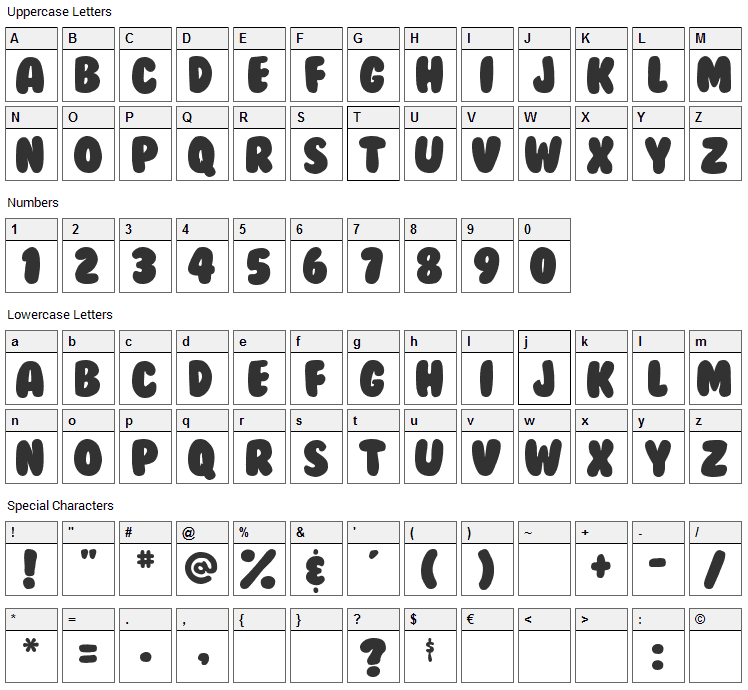 BubbleGum Font Character Map