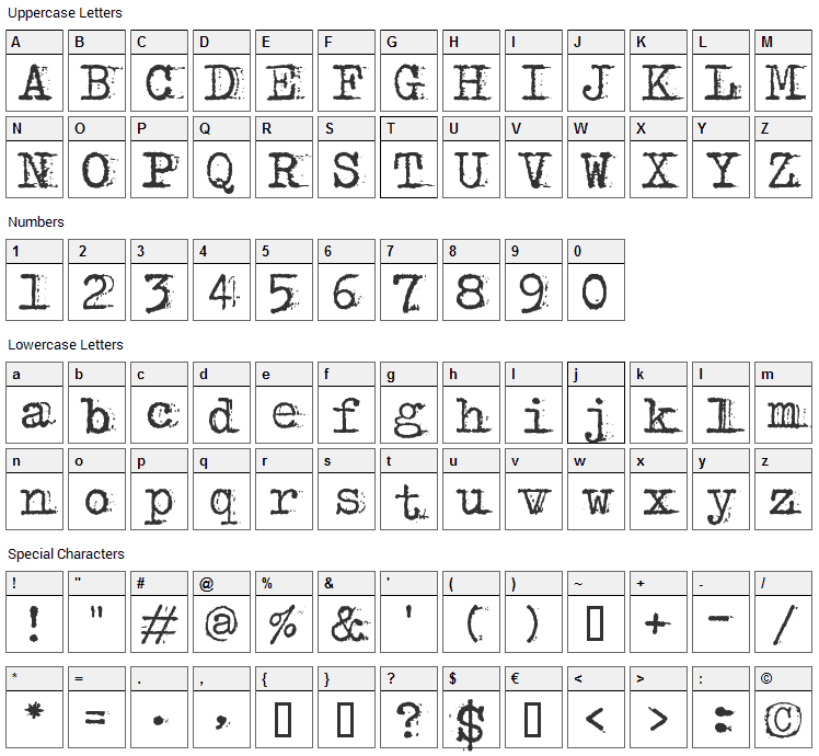 Bulky Refuse Type Font Character Map