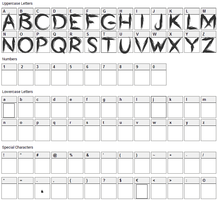 Bumrush Font Character Map